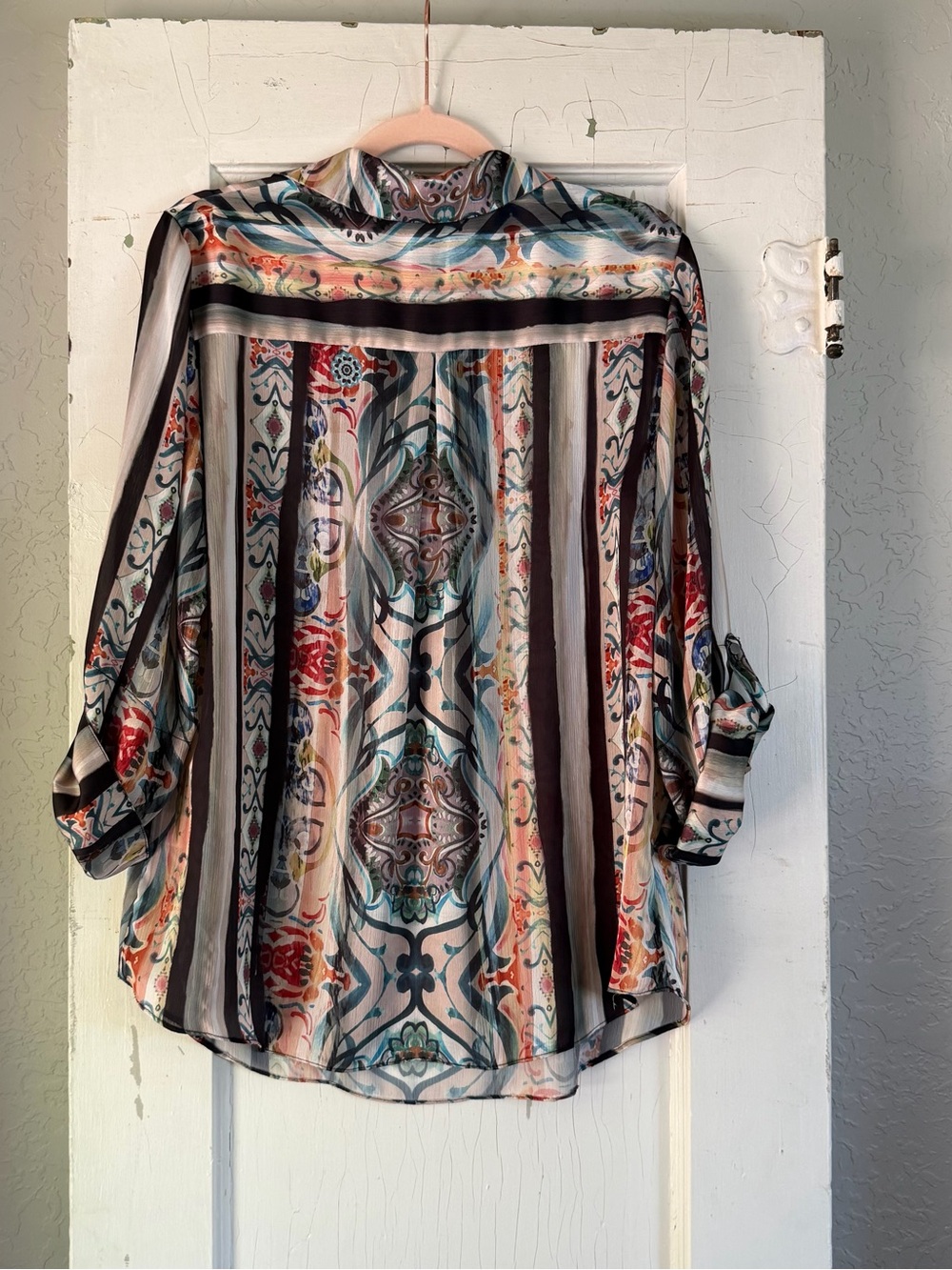 Alberto Makali Medallion Print V-Neck Blouse Size Medium Roll-Tab Sleeves - Picture 3 of 8